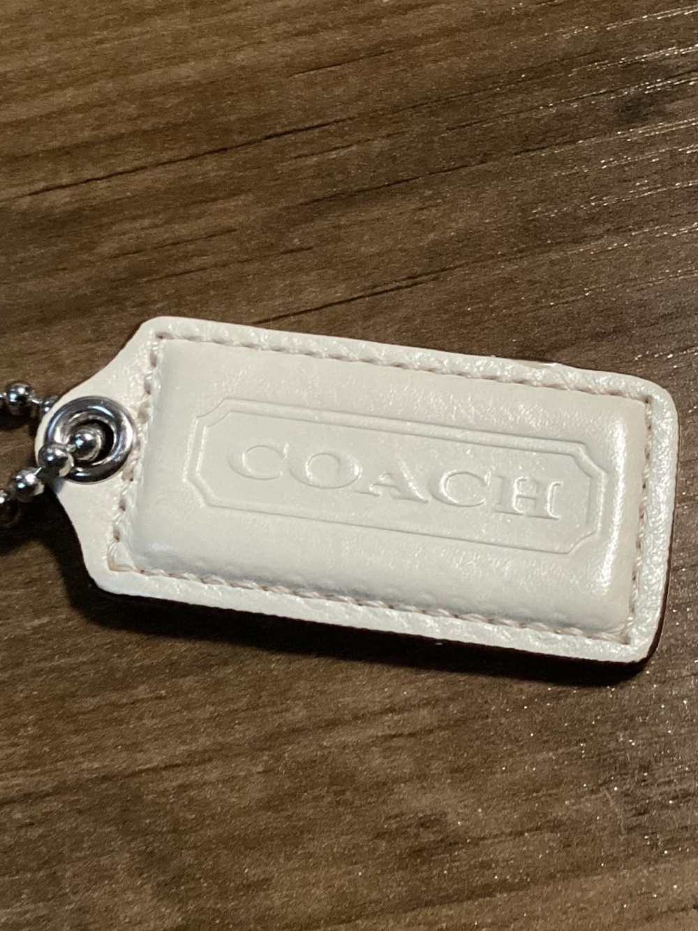 Coach Off White or Very light Cream Leather Bag Tag with Silver-tone Chain